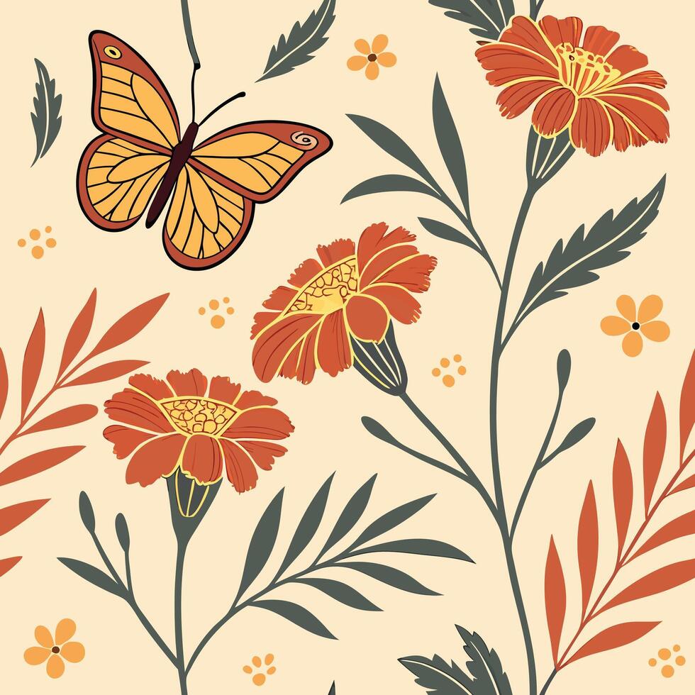 Review the seamless pattern design featuring marigolds and butterflies. vector