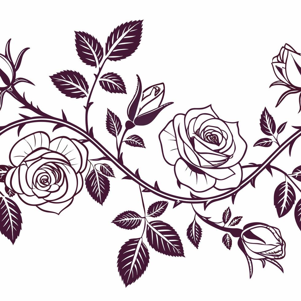 Seamless victorian rose border pattern in faded ink style vector