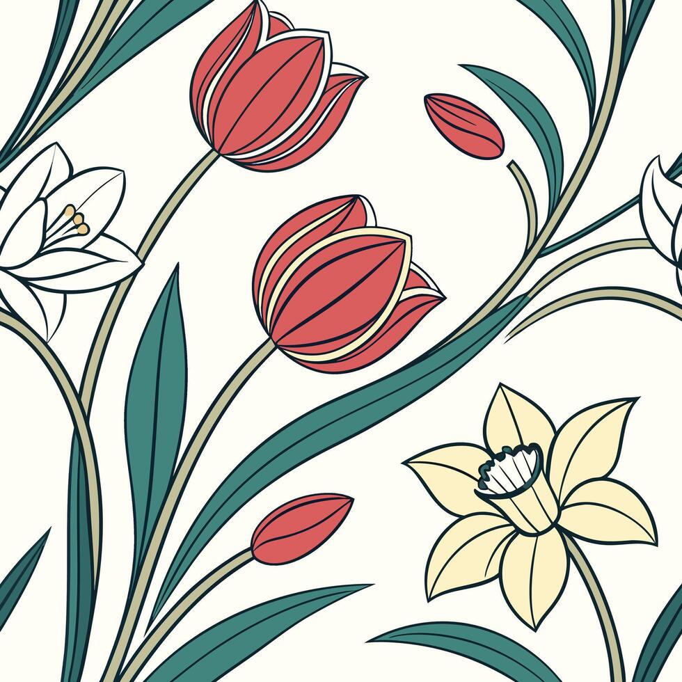 Seamless spring floral pattern stylized tulips and daffodils vector