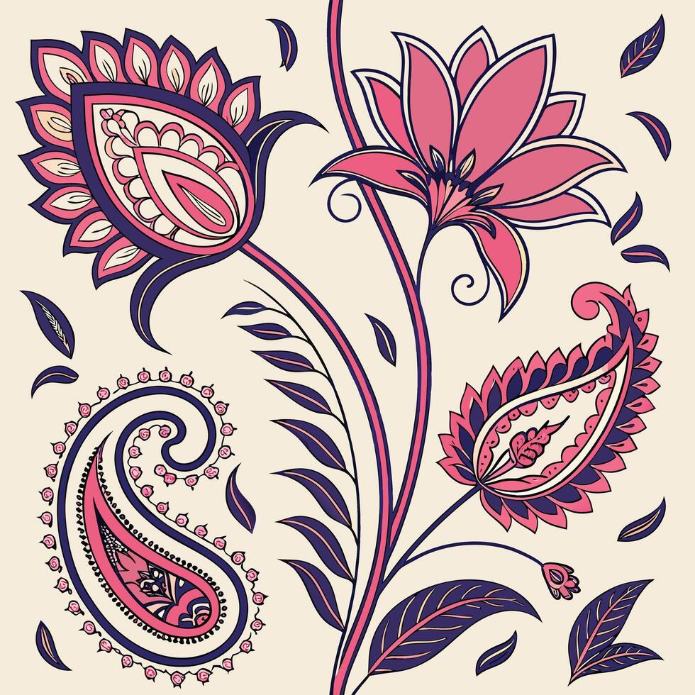 Seamless indian paisley floral pattern with lush botanical motifs vector