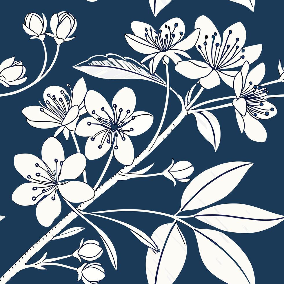Seamless cyanotype floral pattern blueprint texture design vector