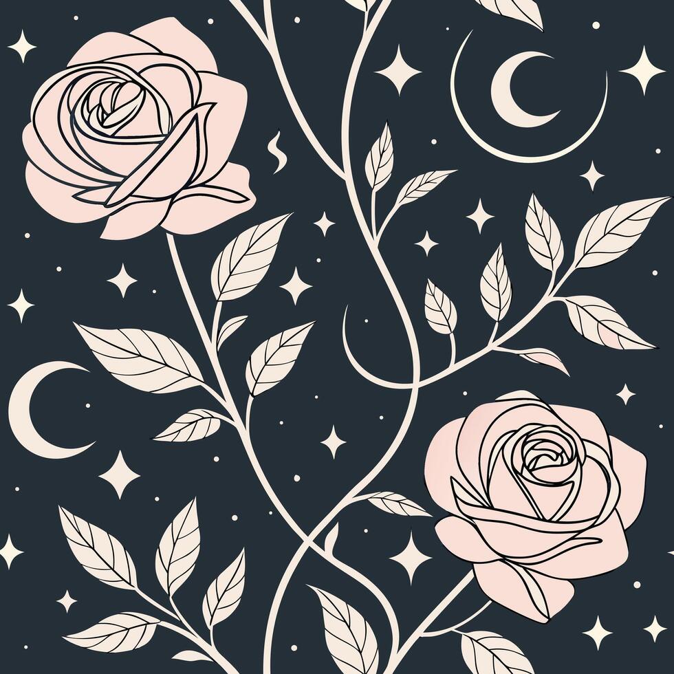 Seamless celestial rose pattern with moon phases vector