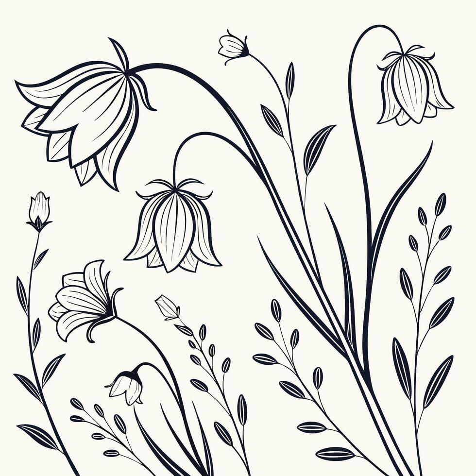 Clean black and white delicate wildflower sketch pattern vector