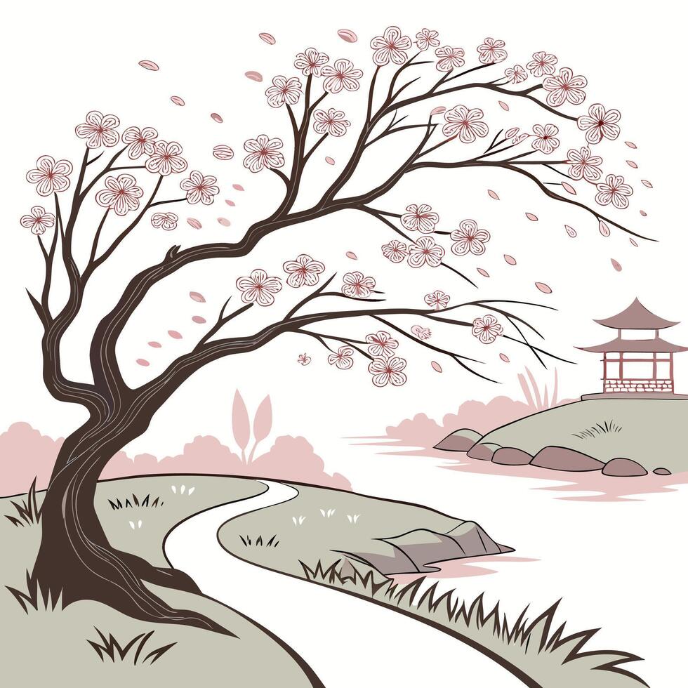 Japanese sakura blossom design with flowing brush strokes vector