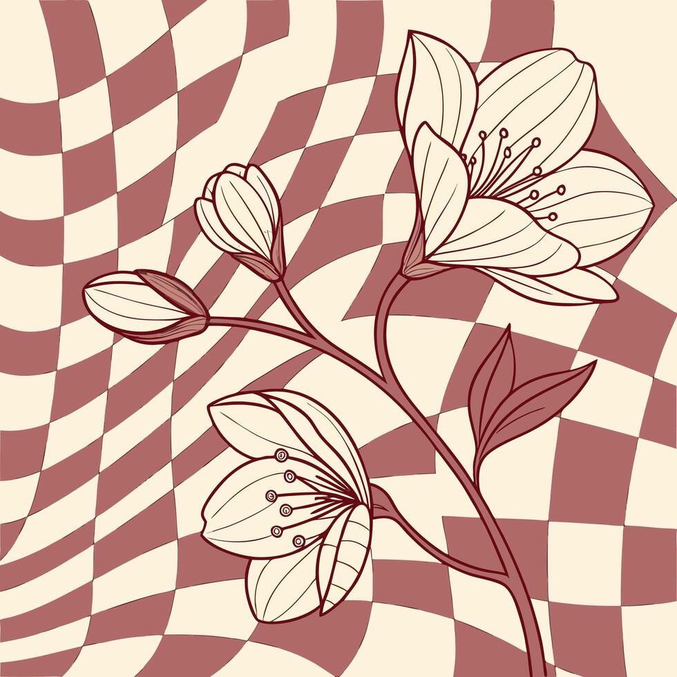 Warped grid floral design with op art and buds style vector