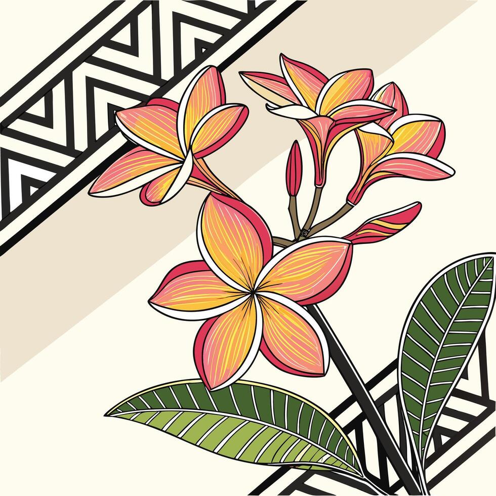 Vibrant tropical flowers with geometric design overlays layout vector