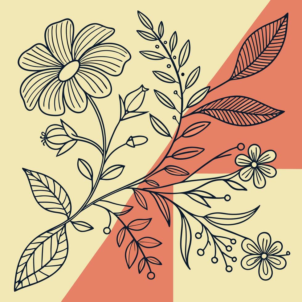 Color block backgrounds with line art botanical illustrations vector