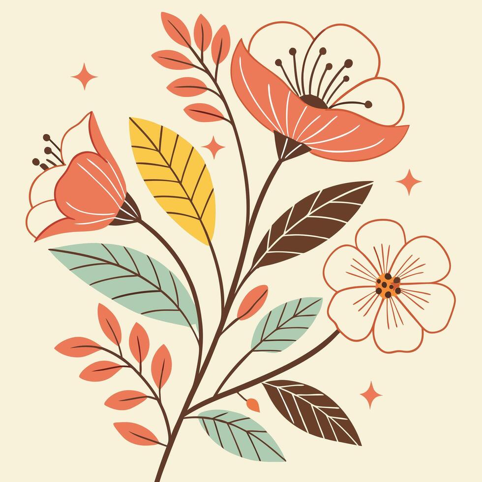 Mid century modern floral pattern with flat shapes design vector
