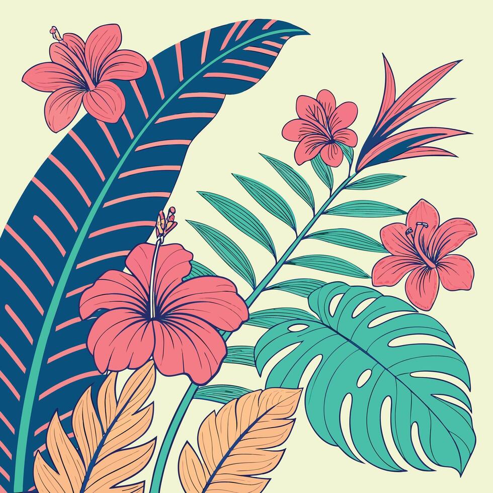 Neon palm leaves and tropical blooms design vector