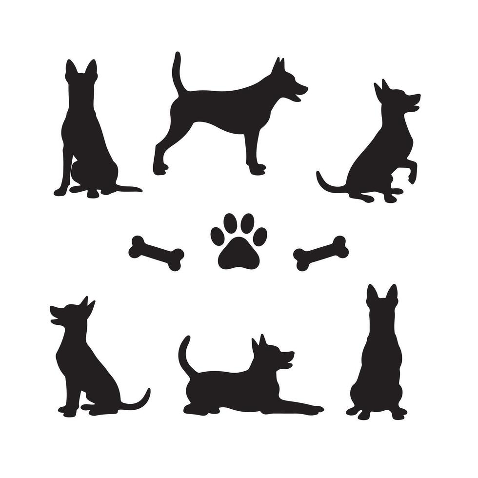 Dog silhouette set with different breeds and bones vector