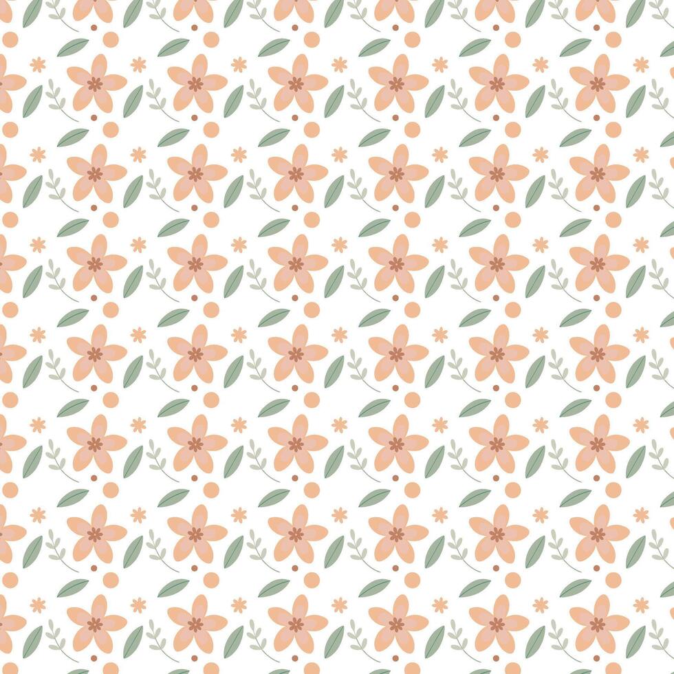 A Gentle Bloom Peach Flowers, Green Leaves, and Earthy Dots Seamlessly Repeat on a White Background for a Calming, Natural Pattern. vector