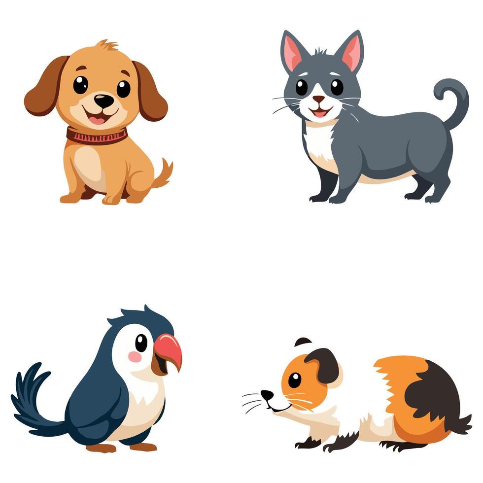 Four different types of animals, including a dog, cat, bird and a hamster vector