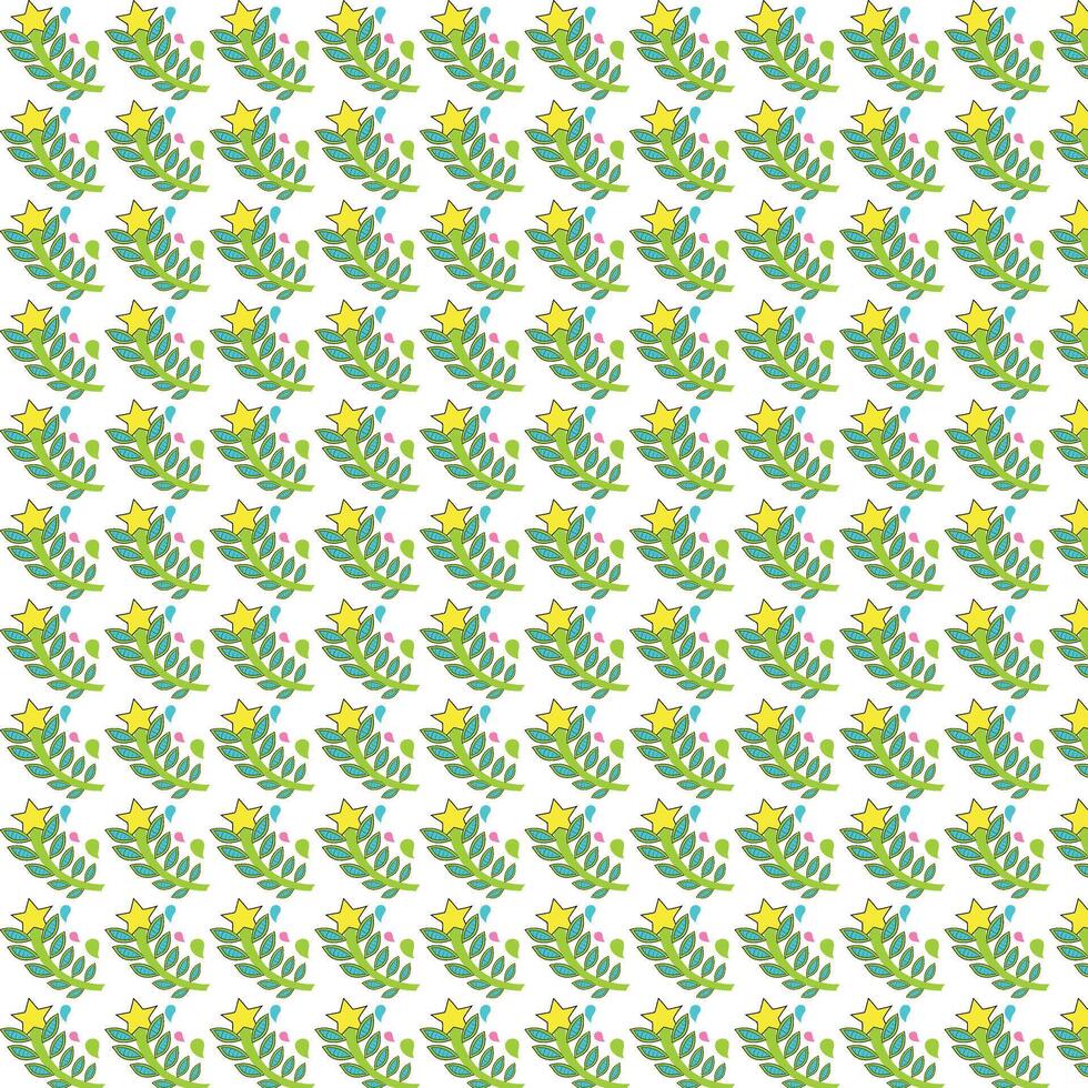 Whimsical Festive Pattern Featuring Stylized Green Branches, Golden Stars, and Colorful Teardrop Accents for a Cheerful and Celebratory Design vector