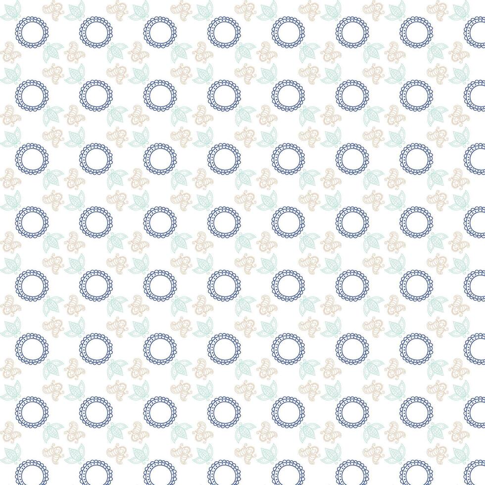 Seamless Pattern Design Featuring Blue Scalloped Circles Interspersed with Stylized Bees and Leaves in Pastel Shades on a Clean White Background. vector