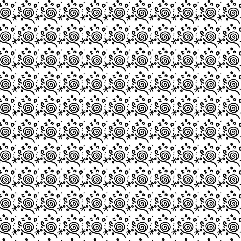 Playful black and white doodle pattern with whimsical swirls, stars, and dots in a hand-drawn style ideal for background designs or textile prints. vector