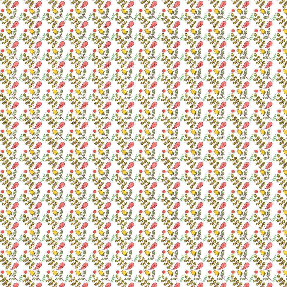 Playful Doodle Pattern Featuring Stylized Yellow Fruit, Coral Leaves, and Mint Green Sprigs on a Clean White Background Perfect for Textiles and Creative Projects. vector