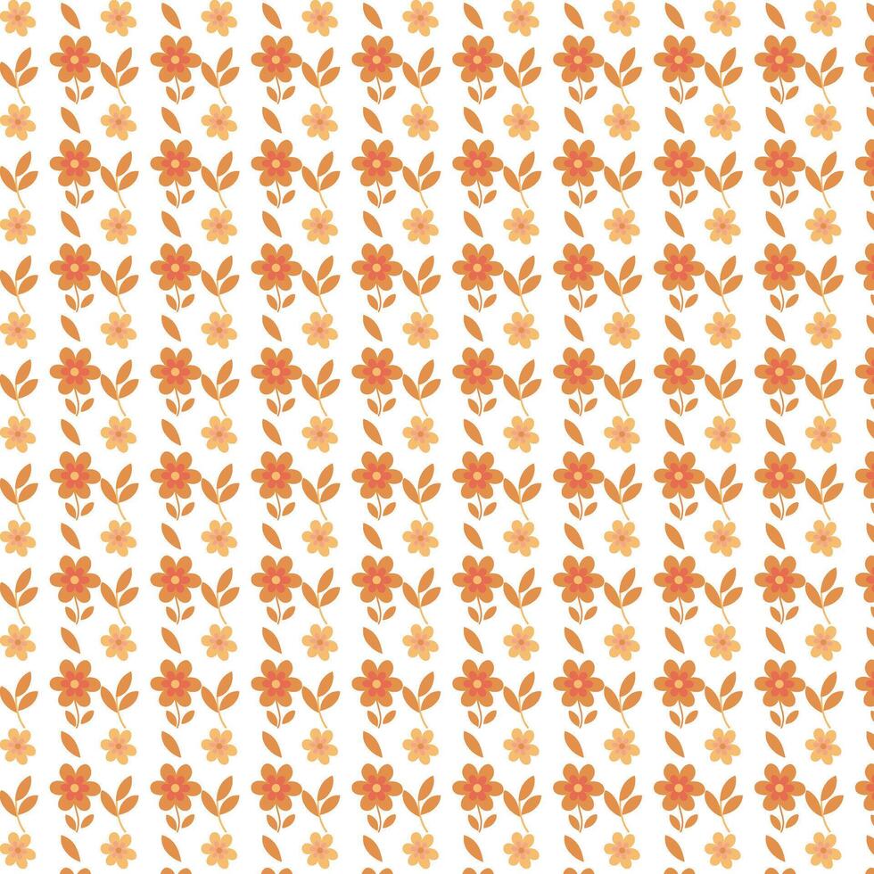 A seamless pattern showcasing stylized orange and tan flowers and leaves on a white background, perfect for retro or vintage designs. vector