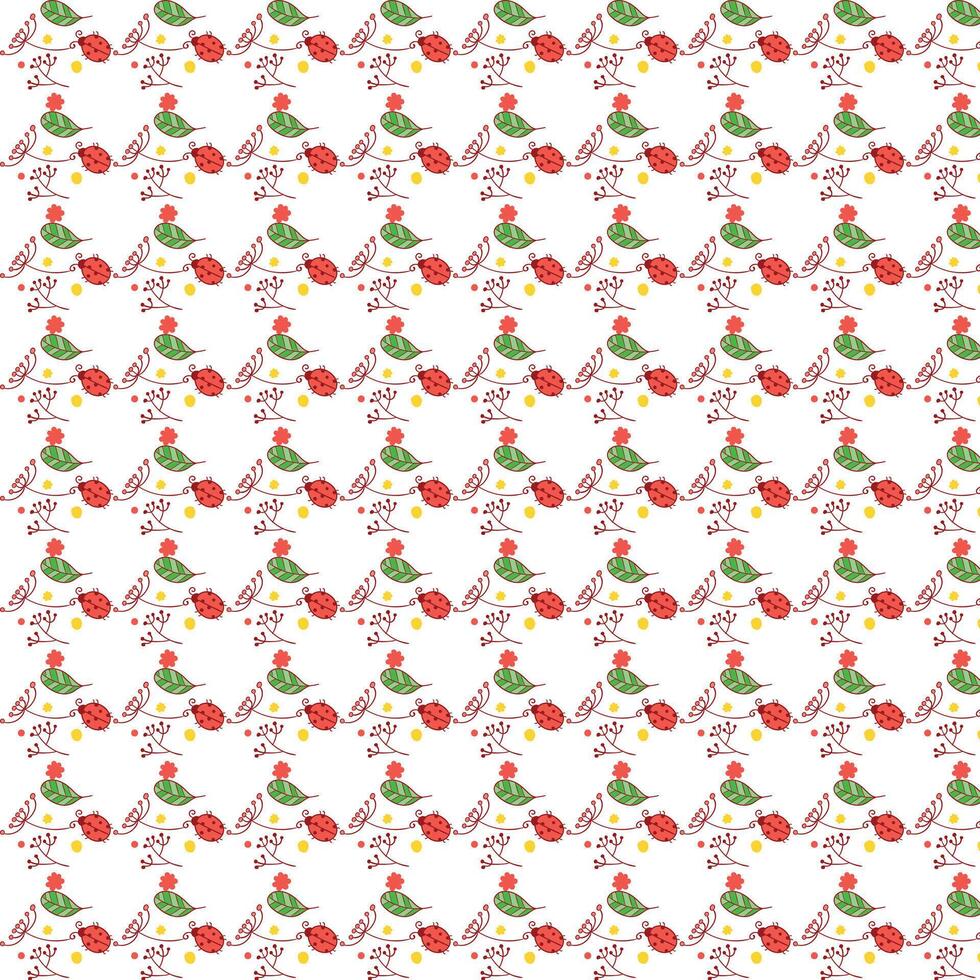 Playful Seamless Pattern Featuring Ladybugs Green Leaves, and Delicate Brown Berries on a Clean White Background, Perfect for Children's Designs and Springtime Themes. vector