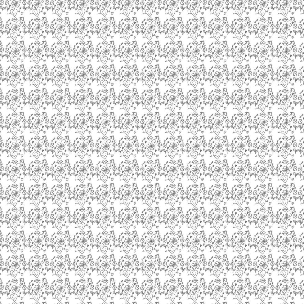Seamless Pattern of Hand-Drawn Elements with Hearts, Flowers, Lips and Music Notes, Ideal for Valentine's Day, Love Themes, and Creative Backgrounds. vector