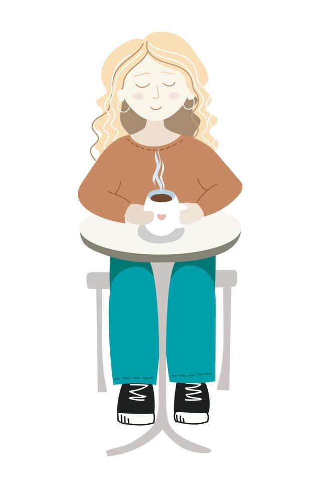 A woman with a cup of coffee at a table vector
