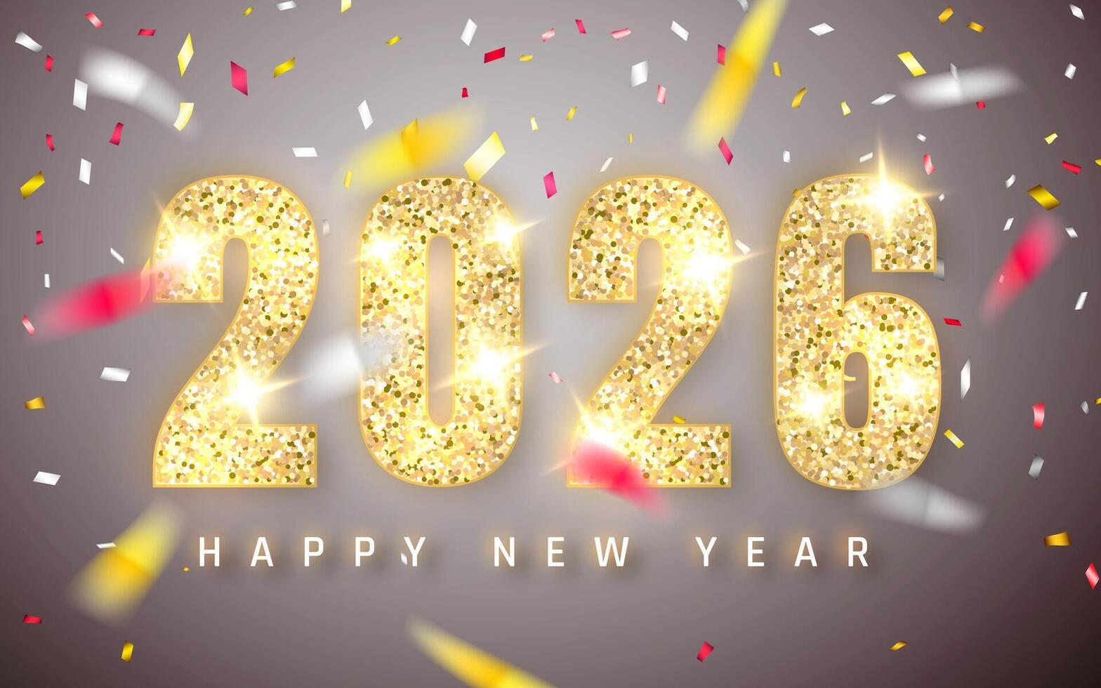 New Year 2026 Celebration With Golden Glitter Numbers, Falling Confetti, And Elegant Lighting On A Soft Background. Festive Holiday Greeting Design. Illustration vector