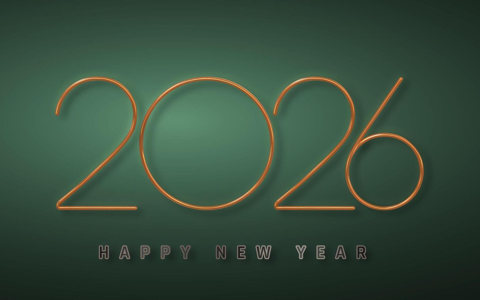 New Year 2026 Celebration Typography on Green Background with Elegant 3D Gold Wire Style Numbers and Modern Shadows. Illustration vector