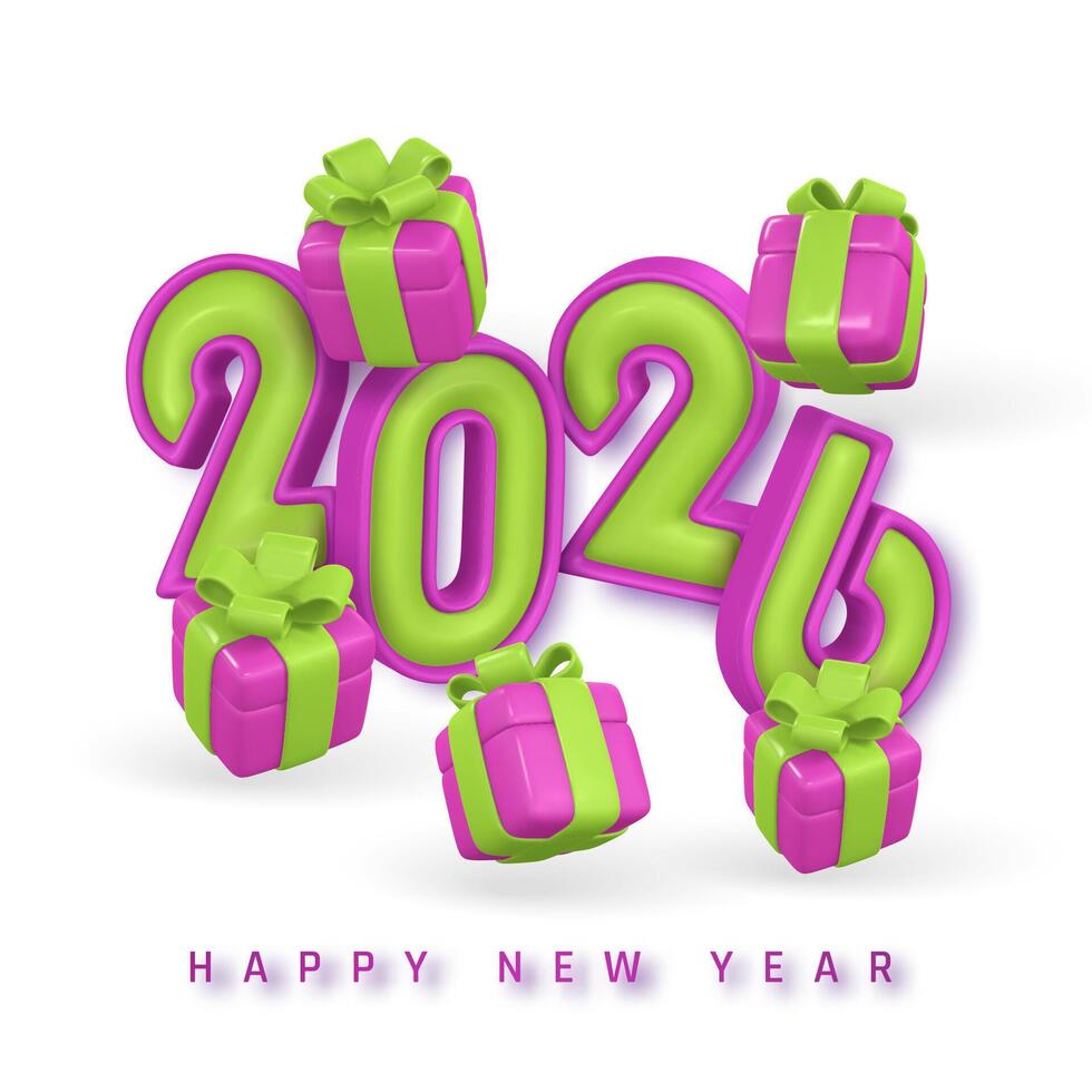 2026 Happy New Year Design With Bold 3D Numbers And Colorful Gift Boxes In Pink And Green, Festive Cartoon Style On White Background For Celebration And Greeting. Illustration vector