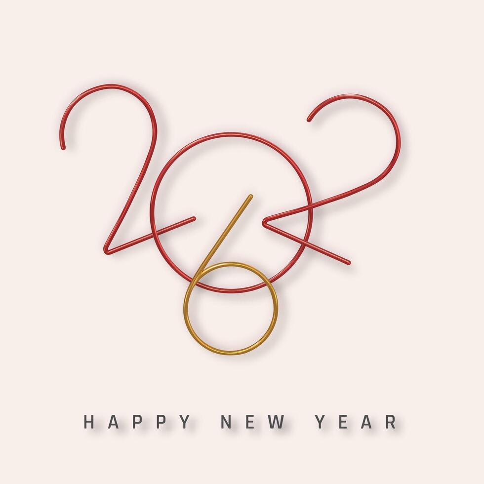 New Year 2026 Celebration Typography in Red and Gold Wire Style on Soft Light Background. Minimalist, Festive, and Elegant Holiday Design. Illustration vector