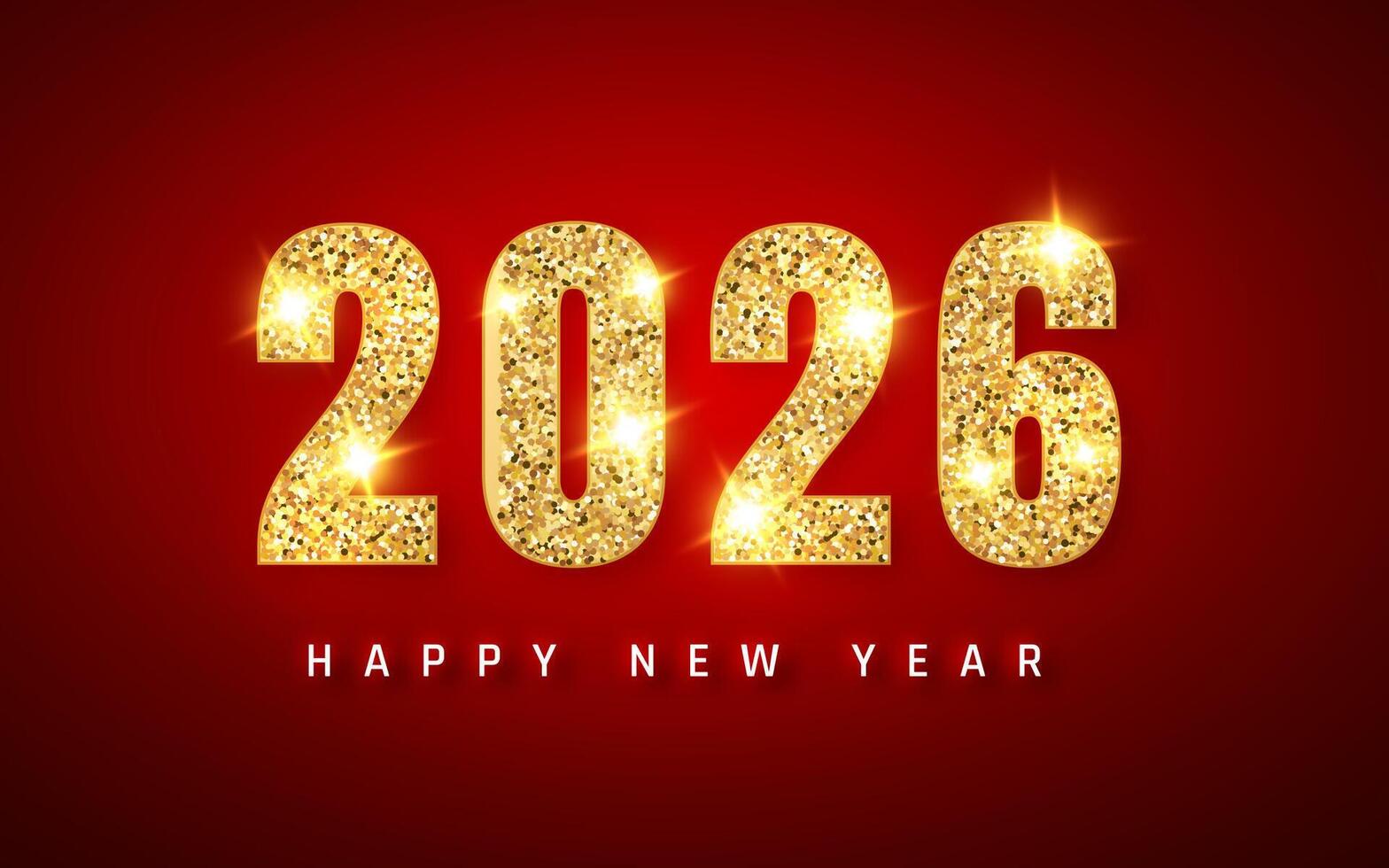 Gold Glitter 2026 New Year Text With Sparkling Light On Red Background, Perfect For Holiday Greetings, Invitations, Or Celebration Designs. High-Quality Illustration vector