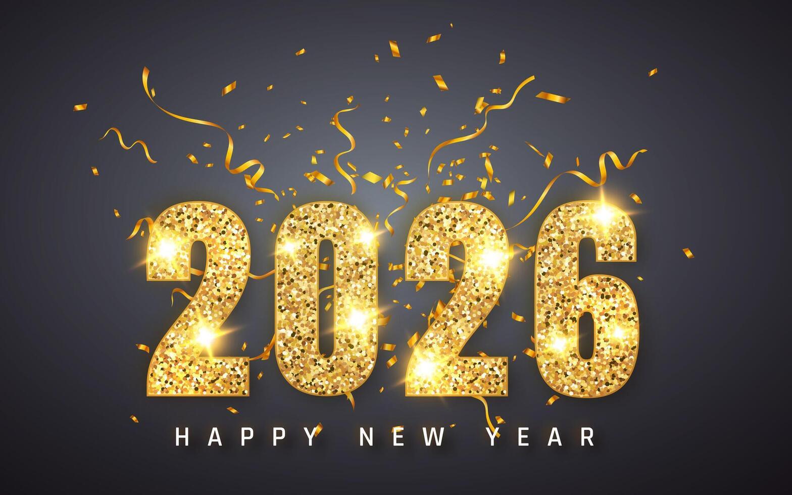 Glittering 2026 New Year Celebration Background With Gold Confetti and Sparkling Numbers on Dark Backdrop. Perfect for Holiday Design. Illustration vector