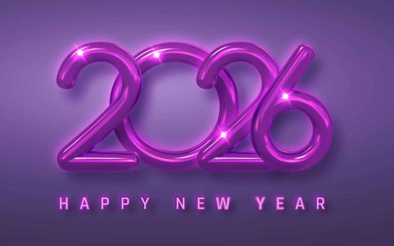 2026 Happy New Year Neon Text in Glossy Pink Purple Style on Gradient Background. Festive Luxury Design for Greeting Cards, Banners, and Social Media. Illustration vector