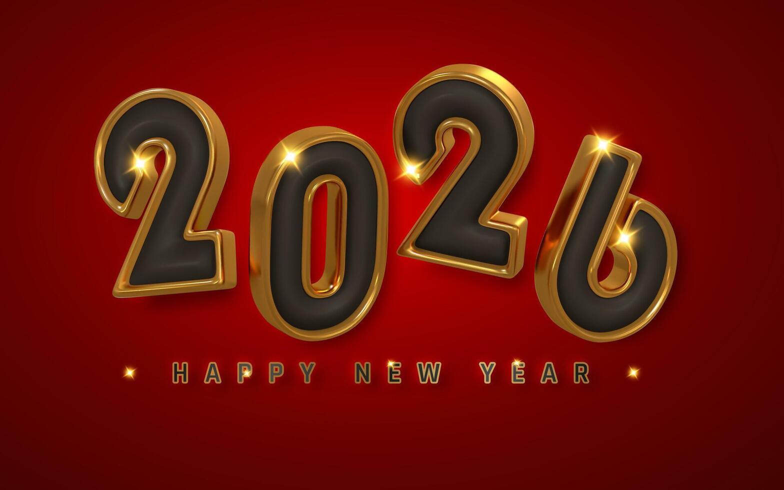 Luxury 2026 New Year Design With 3D Gold and Black Numbers on Red Background. Elegant Festive Style Perfect for Holiday Celebrations and Promotions. Illustration vector