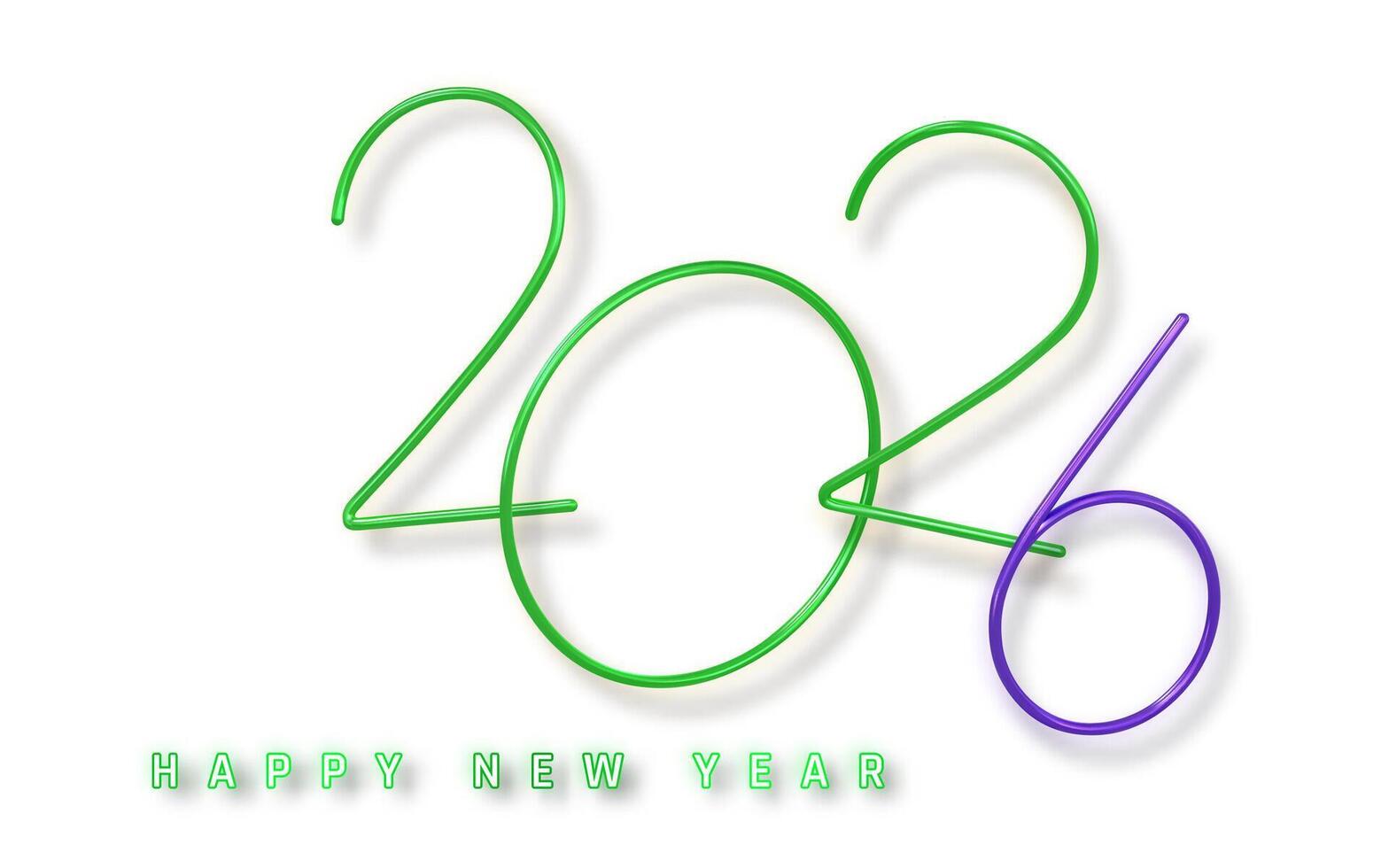 2026 Happy New Year Green and Purple Wire Typography on Clean White Background with Minimalist Glow Style and Drop Shadow for Modern Festive Design. Illustration vector