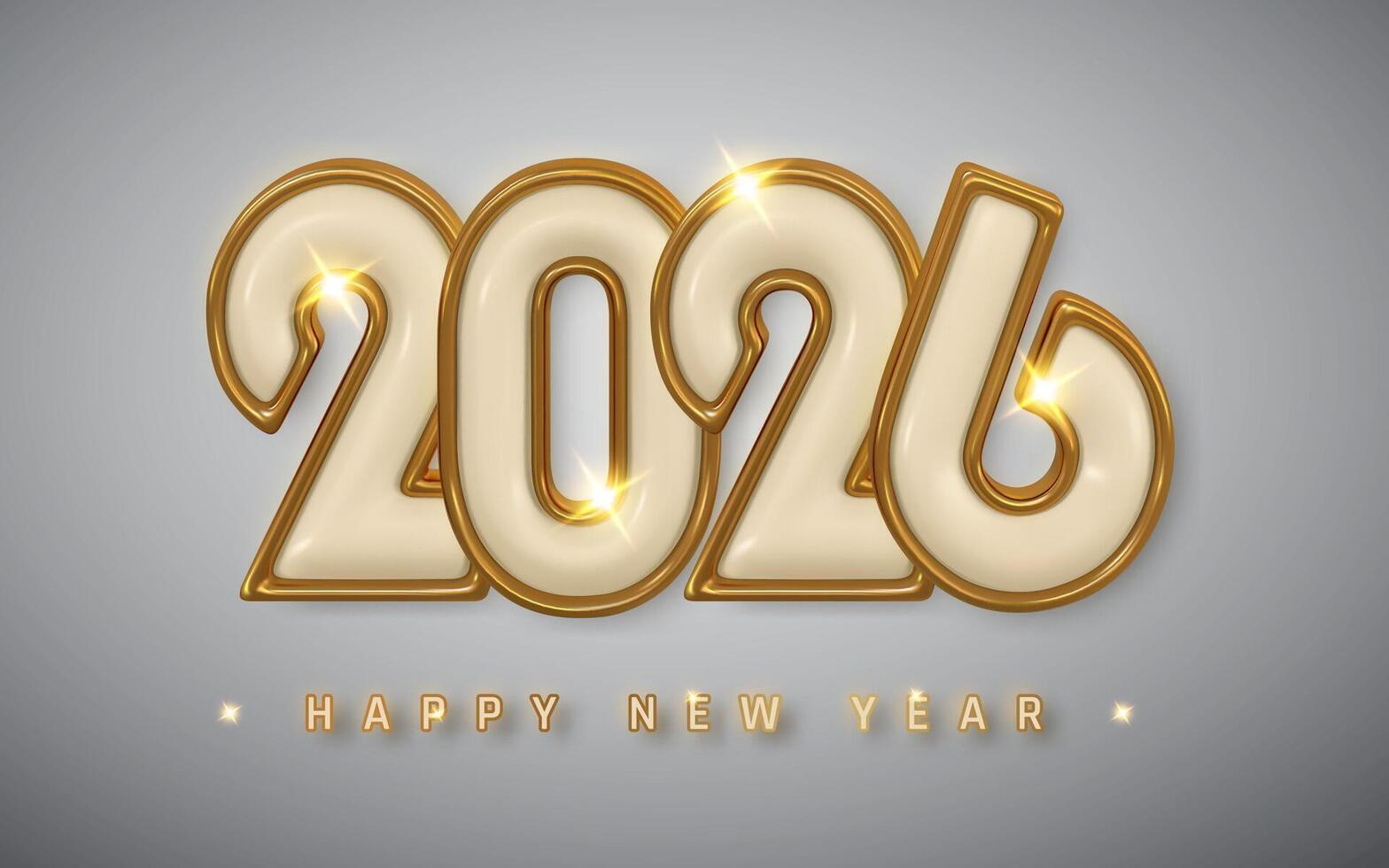 Elegant 2026 New Year Design Featuring Glossy Gold and Cream 3D Numbers on a Soft Gray Background. Perfect for Luxury Holiday Celebrations and Promotions. Illustration vector