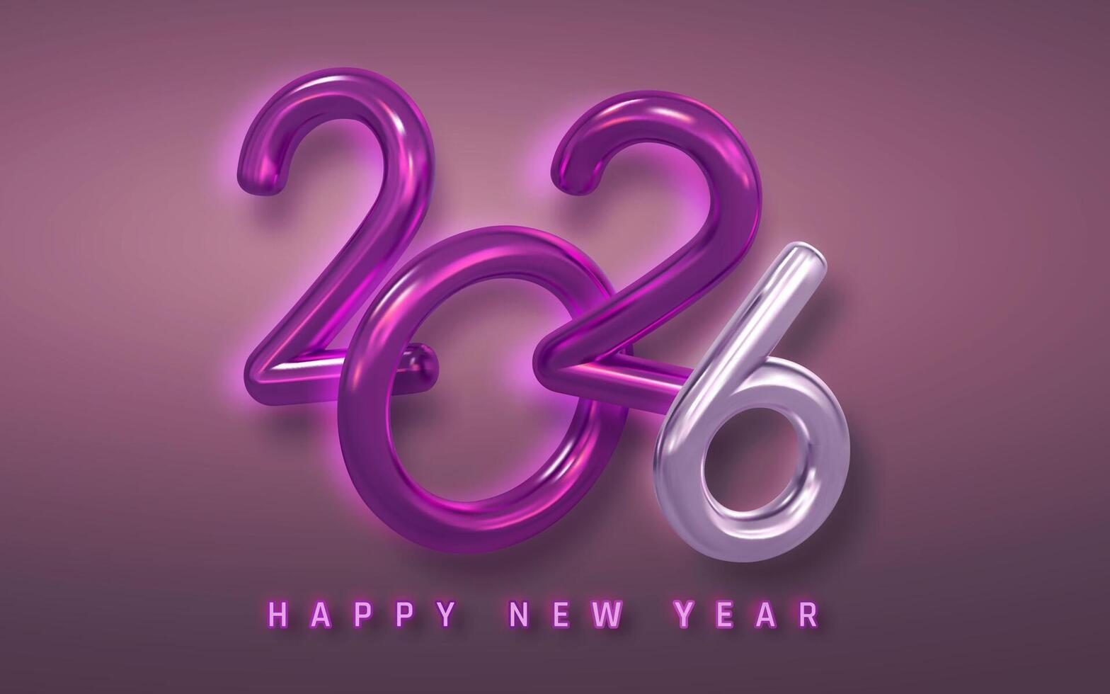 New Year 2026 Celebration Design with Glossy 3D Numbers and Neon Lights on a Modern Gradient Background. Vibrant Typography for Party, Holiday, or Seasonal Greeting. Illustration vector