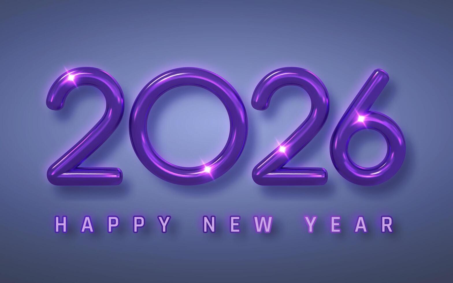 2026 Happy New Year Greeting in Glossy Purple Neon Style on Blue Background. Futuristic Holiday Celebration Design for Party Invitations and Social Media. Illustration vector
