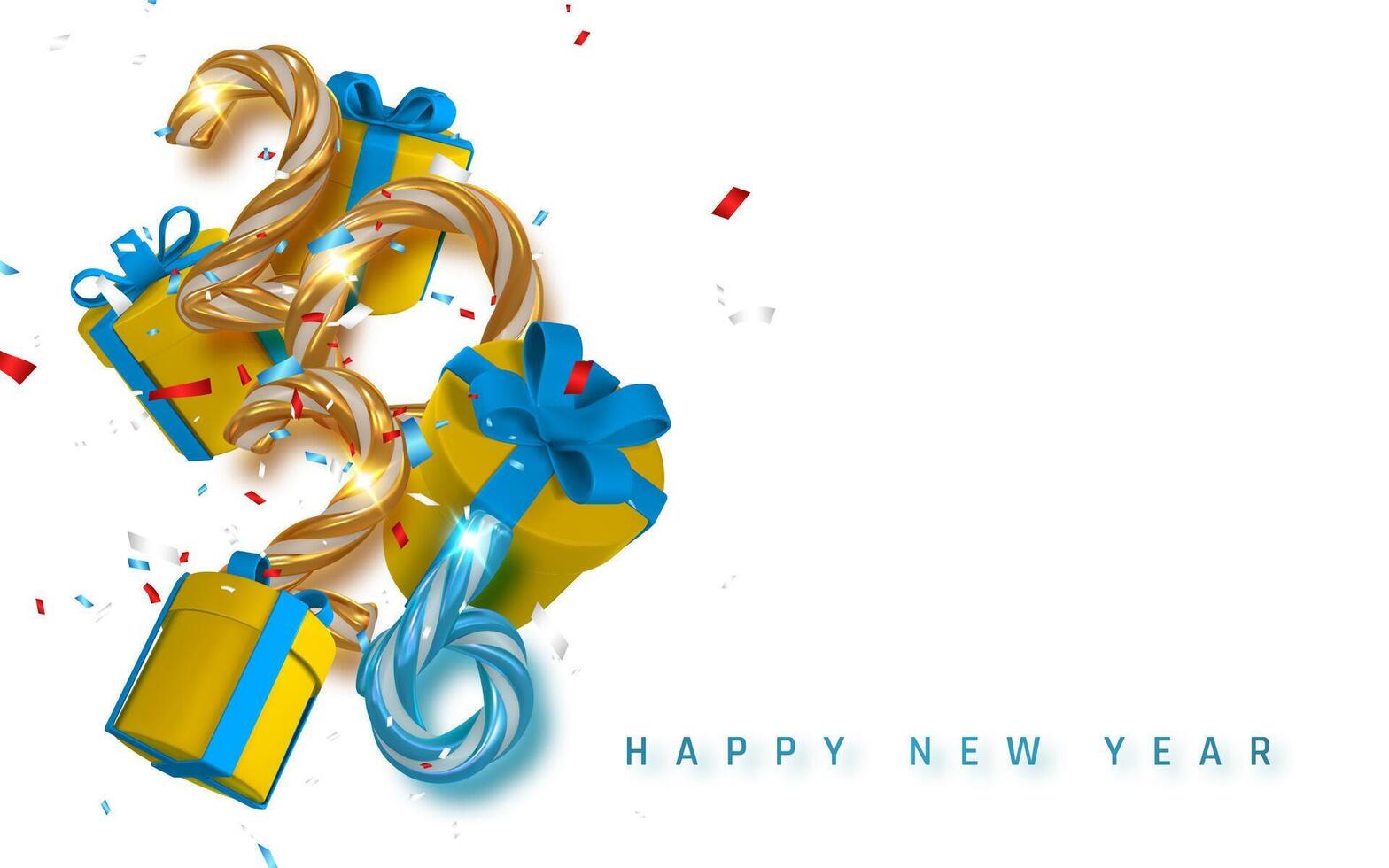 New Year 2026 Gift Boxes With Twisted Candy Numbers and Colorful Confetti on White Background. Festive Holiday Celebration Concept. Illustration vector