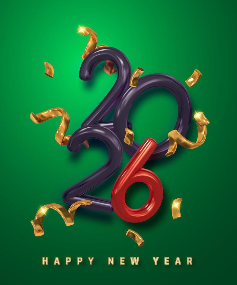 2026 New Year Celebration With Bold 3D Numbers, Red And Black Glossy Style, Gold Ribbons, And Green Background. Festive Modern Design For Holiday Greeting. Illustration vector