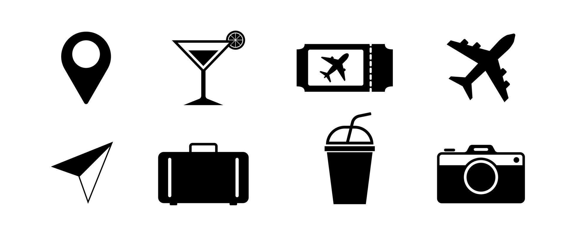 Travel icon set, Journey, Vacation illustration clip art on white background, Idolated Minimal black symbol vector