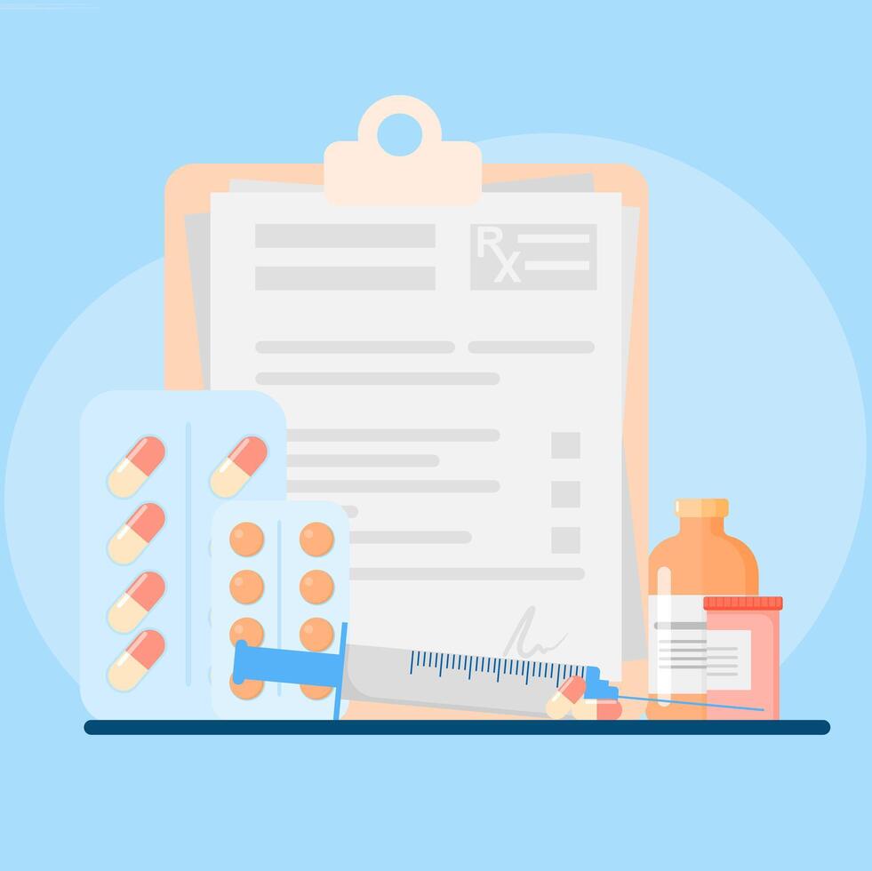 A clipboard, syringe and medicine are on a table vector