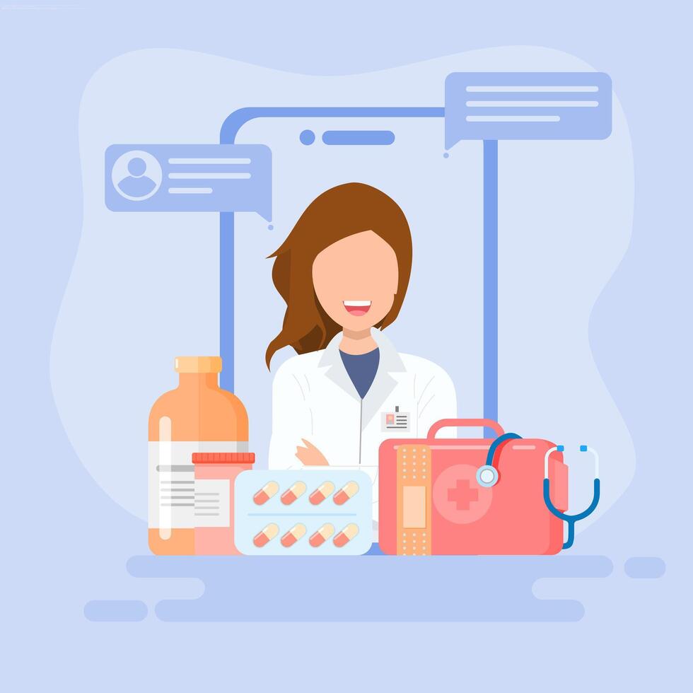 A woman in a white coat is standing next to a phone with a tablet and other items vector