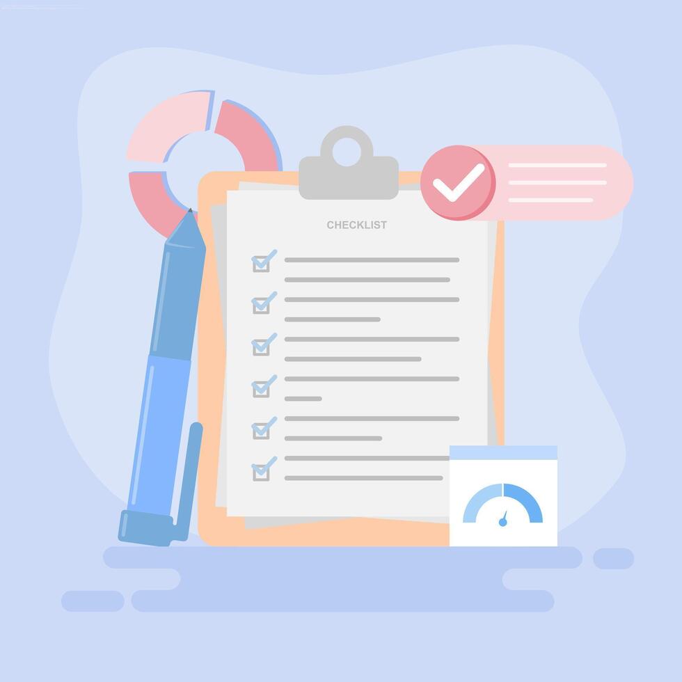 A checklist with a pen, a calculator, and a paper with a check mark vector