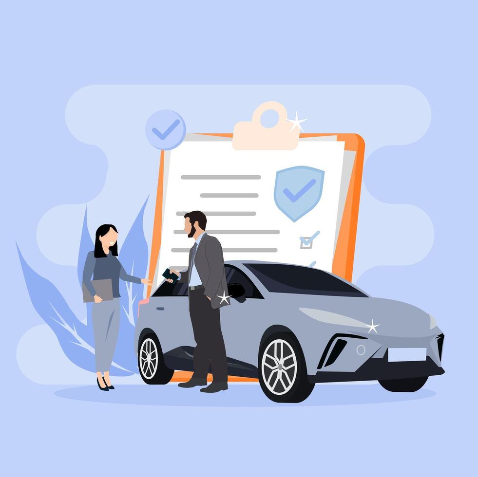 A man and woman are standing next to a car with a check mark vector