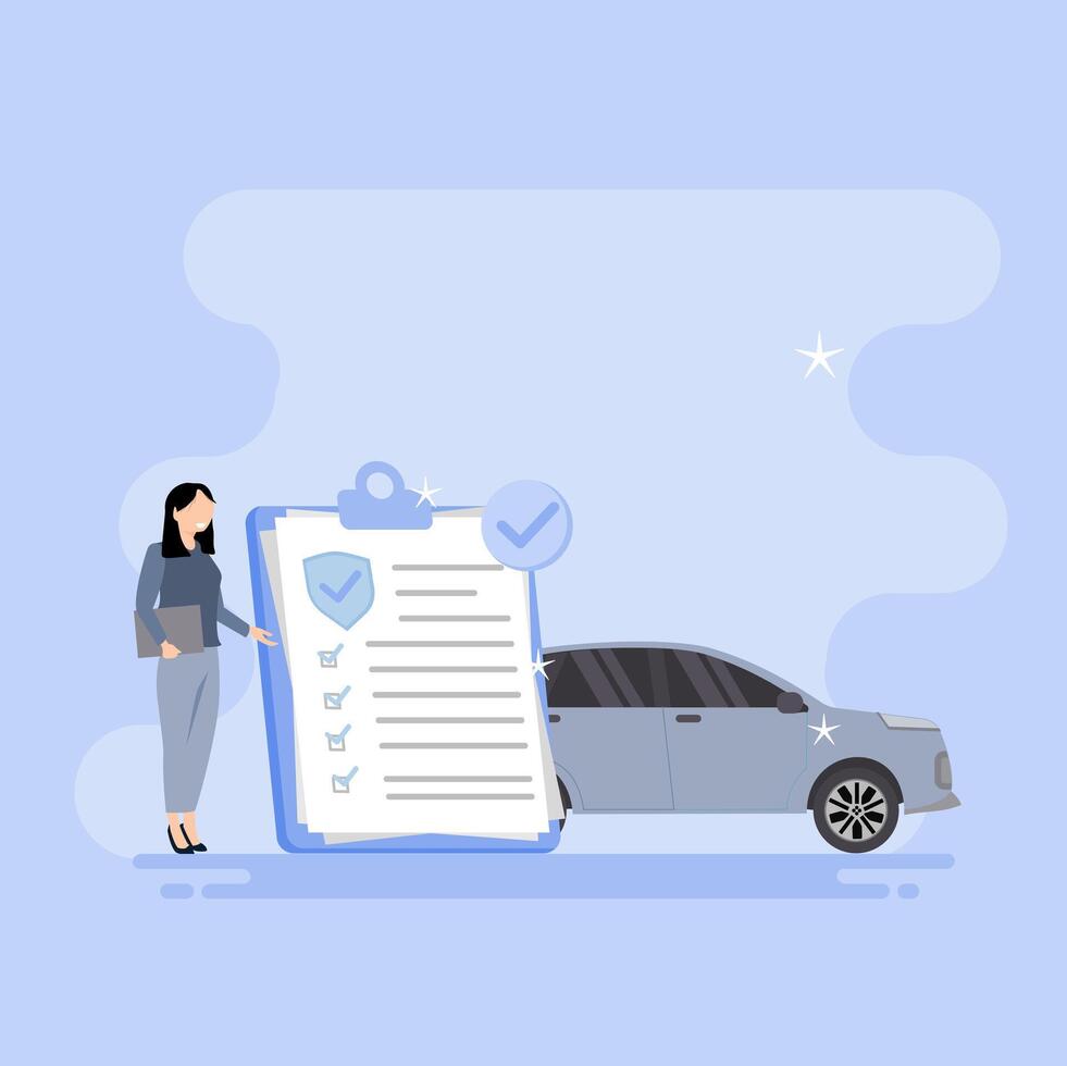 A woman is checking a car with a clipboard and a check mark vector