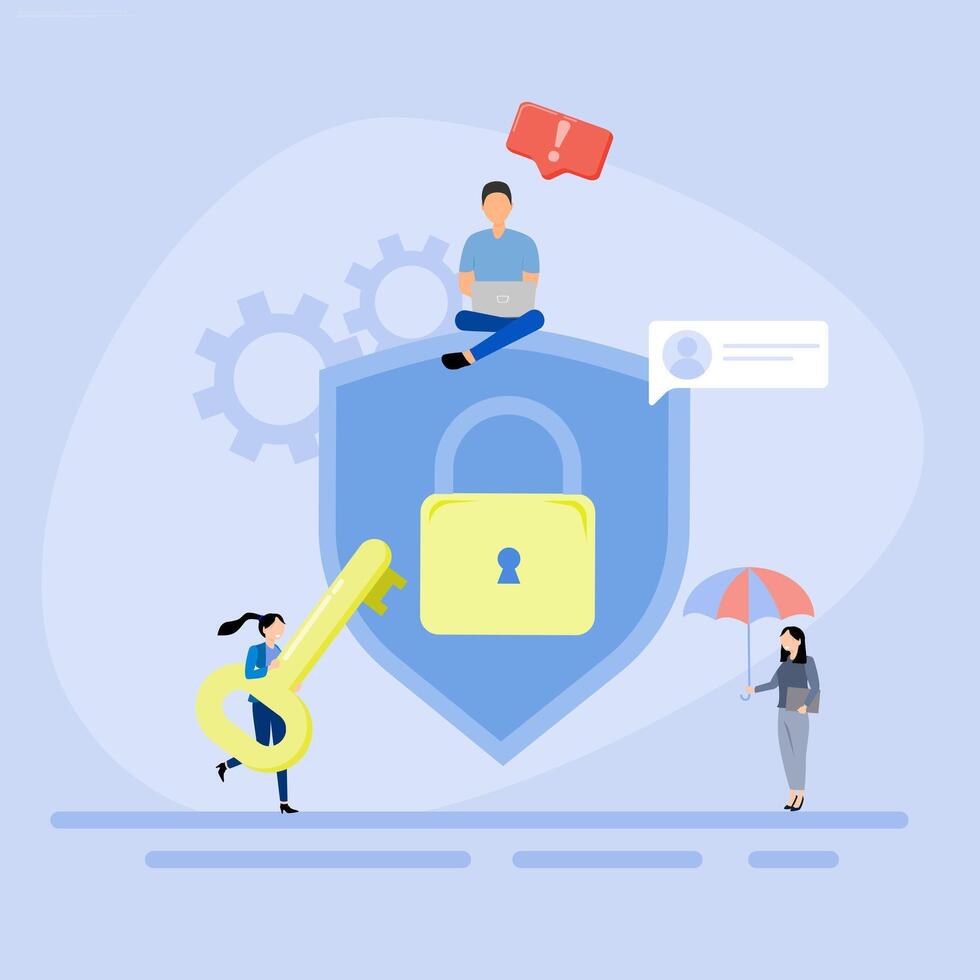 People are standing around a padlock and an umbrella vector
