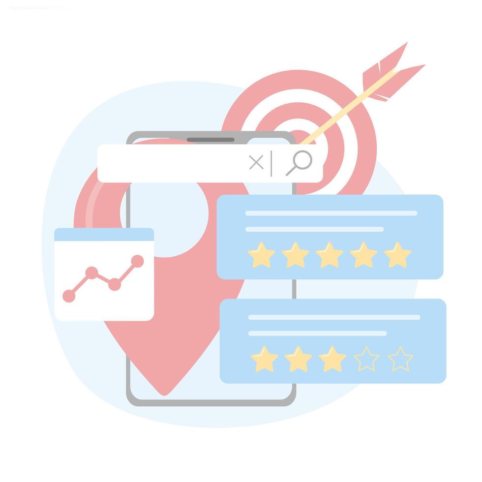 Business reviews, customer feedback. Local SEO for business, search features as a marketing strategy, improving local rankings. Illustration of digital marketing and customer reviews. vector
