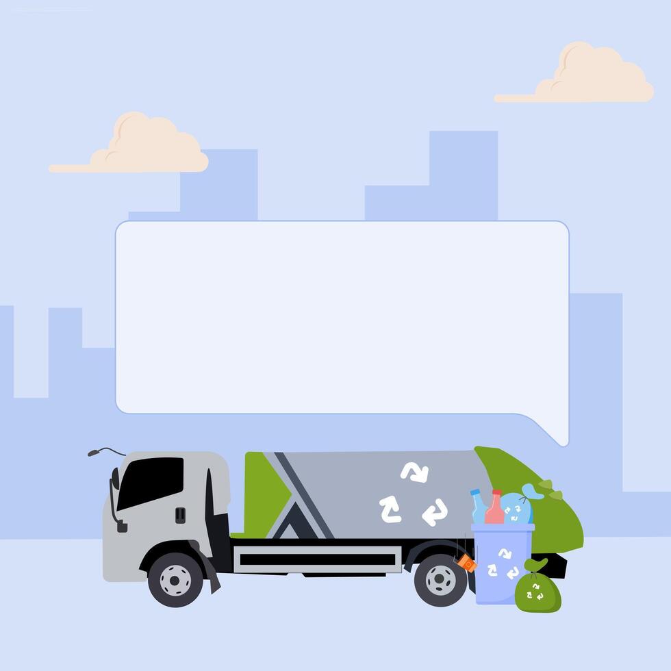 Garbage truck with speech bubble on the side of the road vector