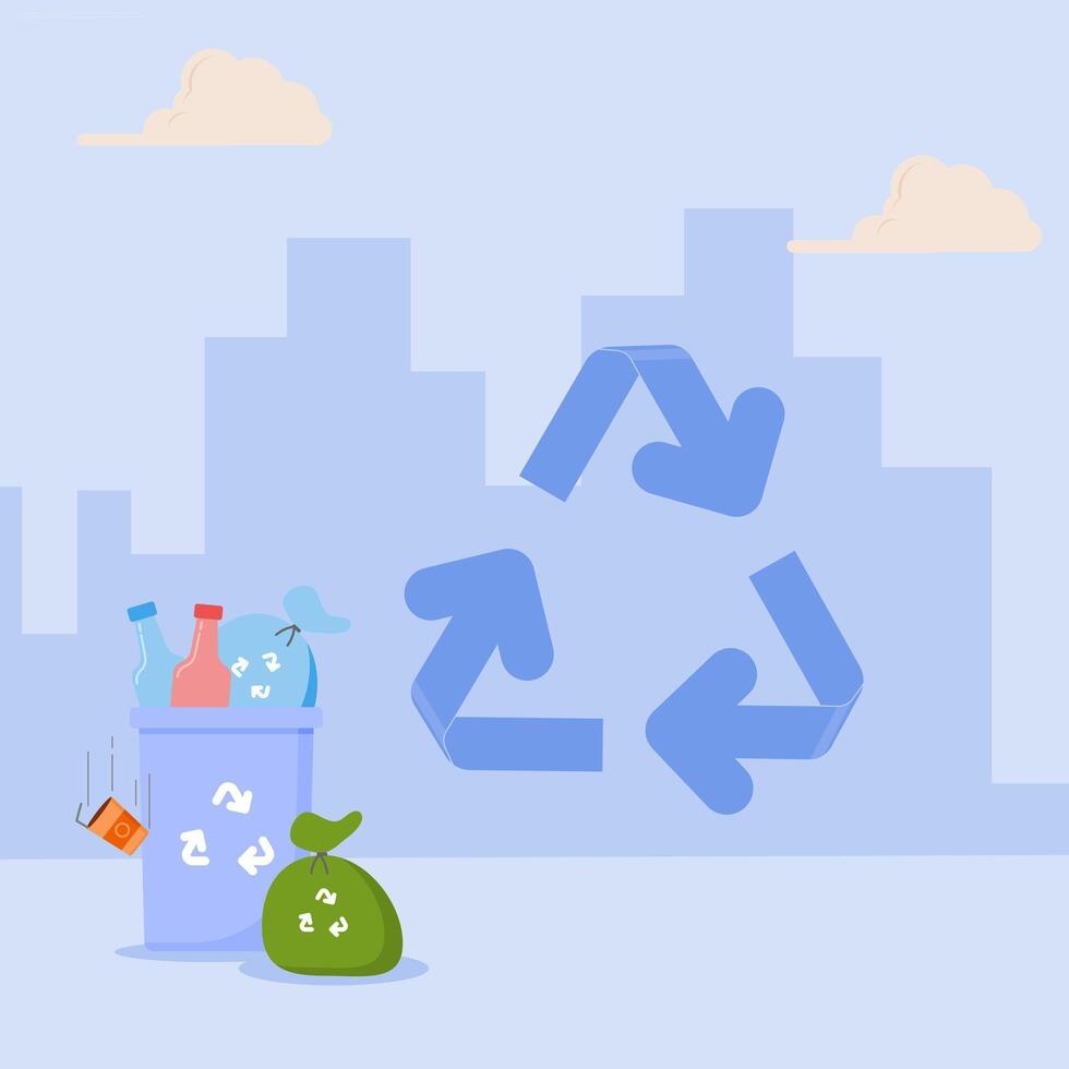 Recycle waste in a city with a garbage can and a recycling symbol vector