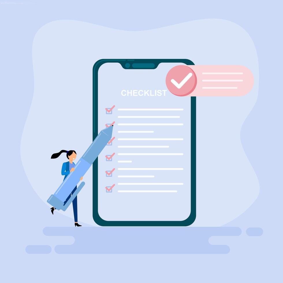 Businesswoman holding a pen and checking checklist on a smartphone illustration vector