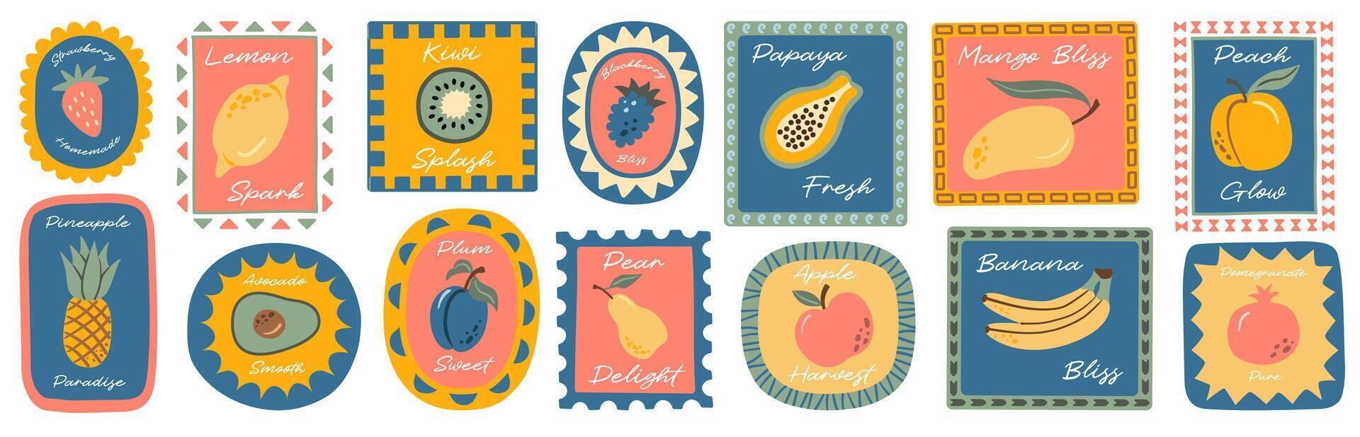 Colorful flat illustration of various fruits with labels, perfect for food packaging, healthy eating designs, and tropical fruit themes. vector